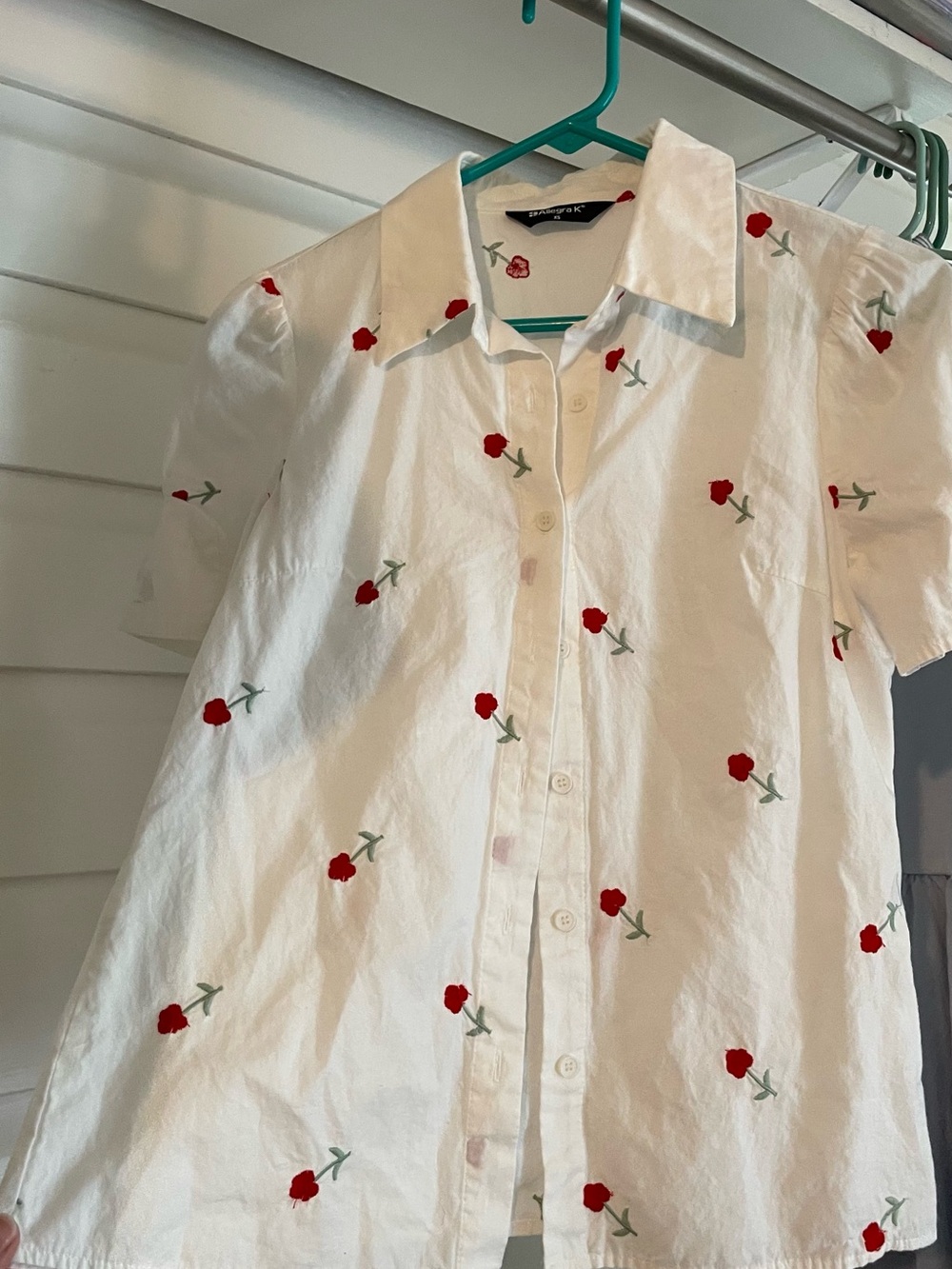 Allegra K White Button-Down Shirt with Red Rose Embroidery